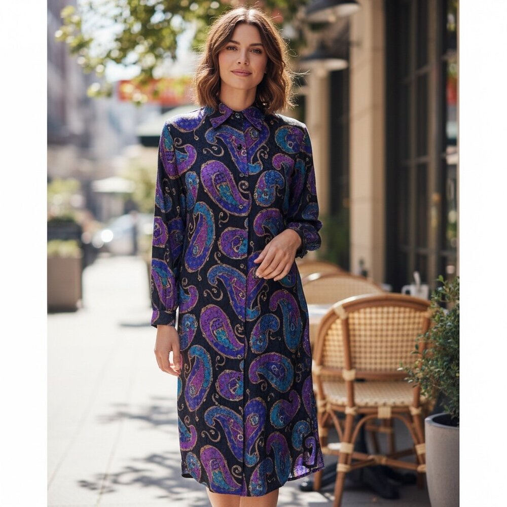 VTG Schrader Shirt Dress Paisley Petite Sz 6‎ #20B